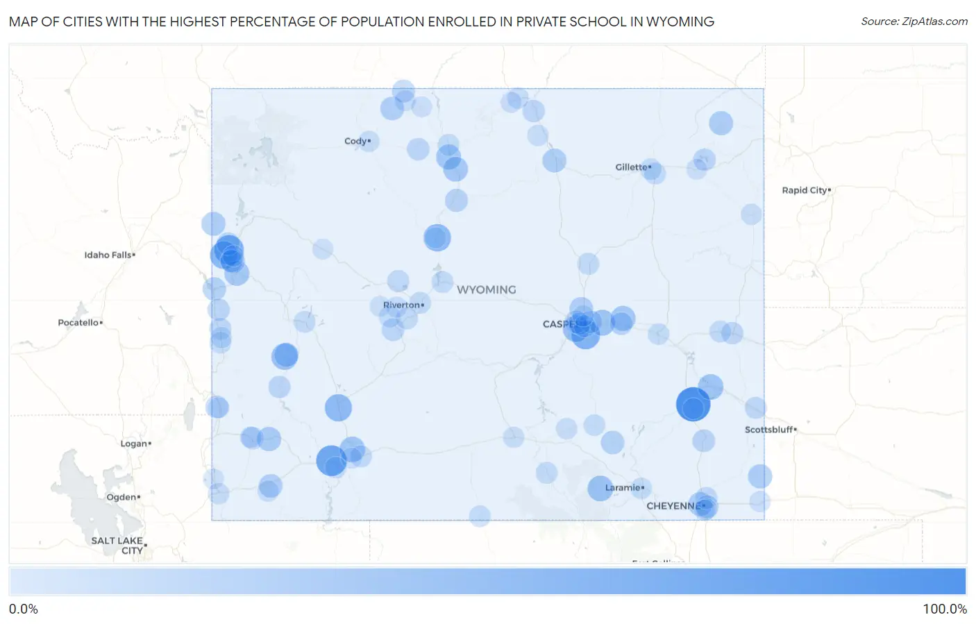 Cities with the Highest Percentage of Population Enrolled in Private School in Wyoming Map