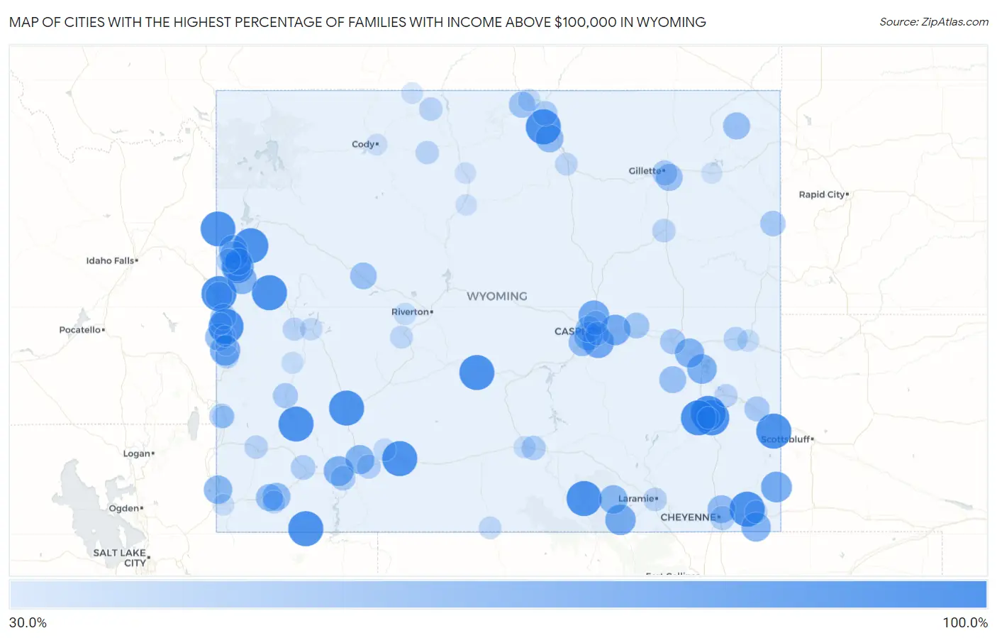 Cities with the Highest Percentage of Families with Income Above $100,000 in Wyoming Map