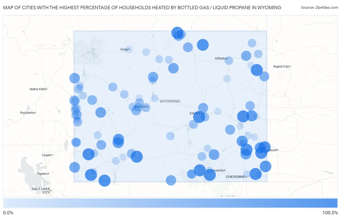 Cities with the Highest Percentage of Households Heated by Bottled Gas / Liquid Propane in Wyoming Map