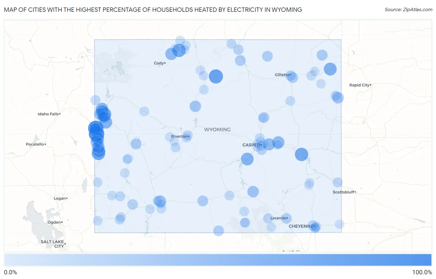 Cities with the Highest Percentage of Households Heated by Electricity in Wyoming Map