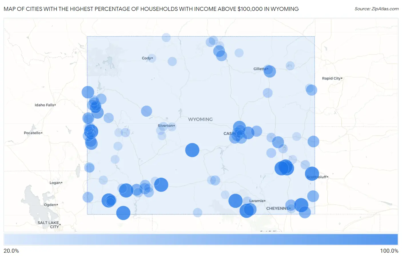 Cities with the Highest Percentage of Households with Income Above $100,000 in Wyoming Map