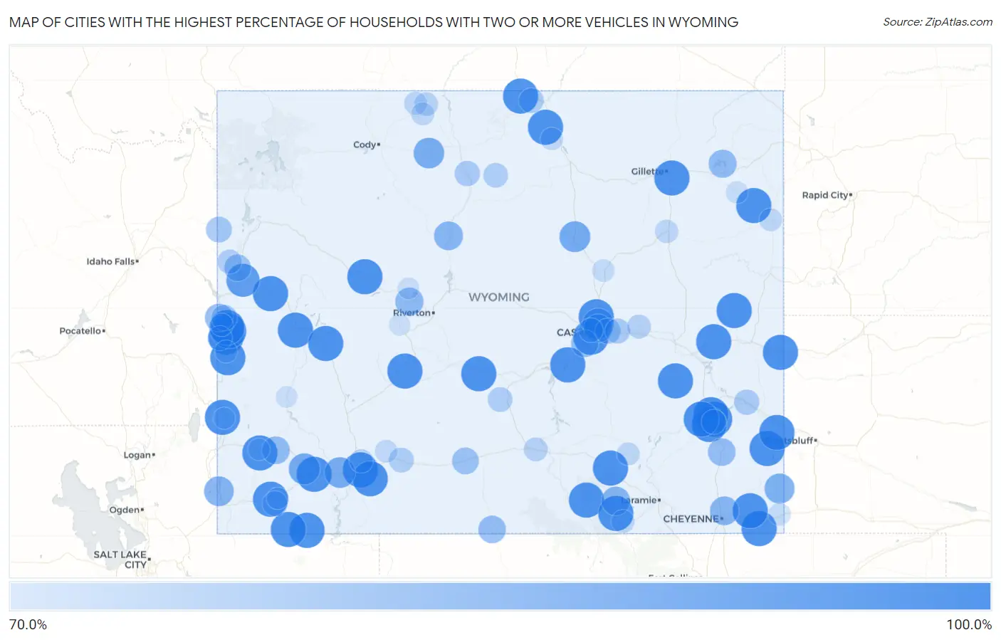 Cities with the Highest Percentage of Households With Two or more Vehicles in Wyoming Map