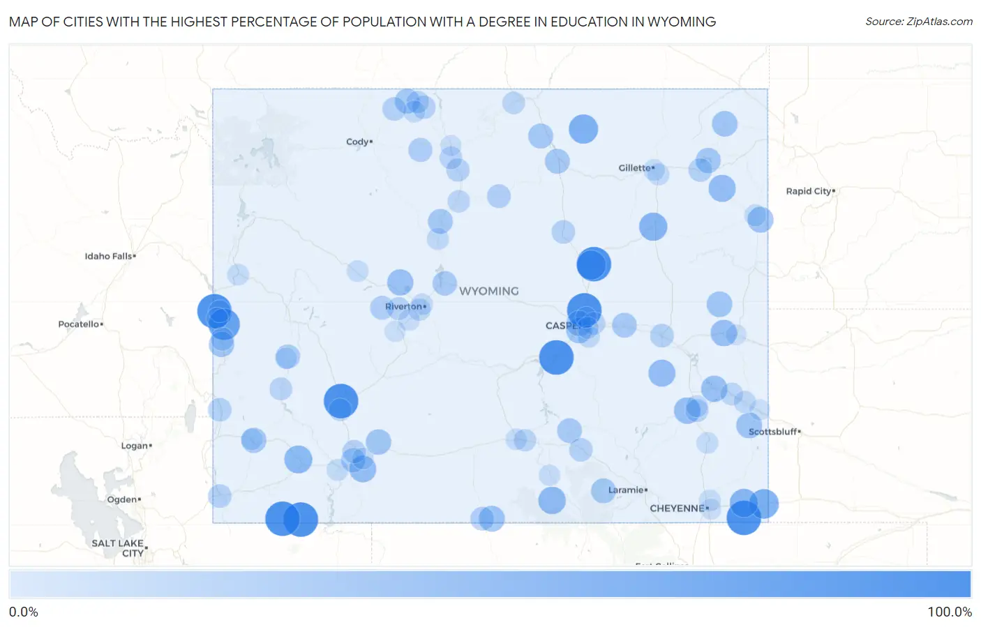 Cities with the Highest Percentage of Population with a Degree in Education in Wyoming Map