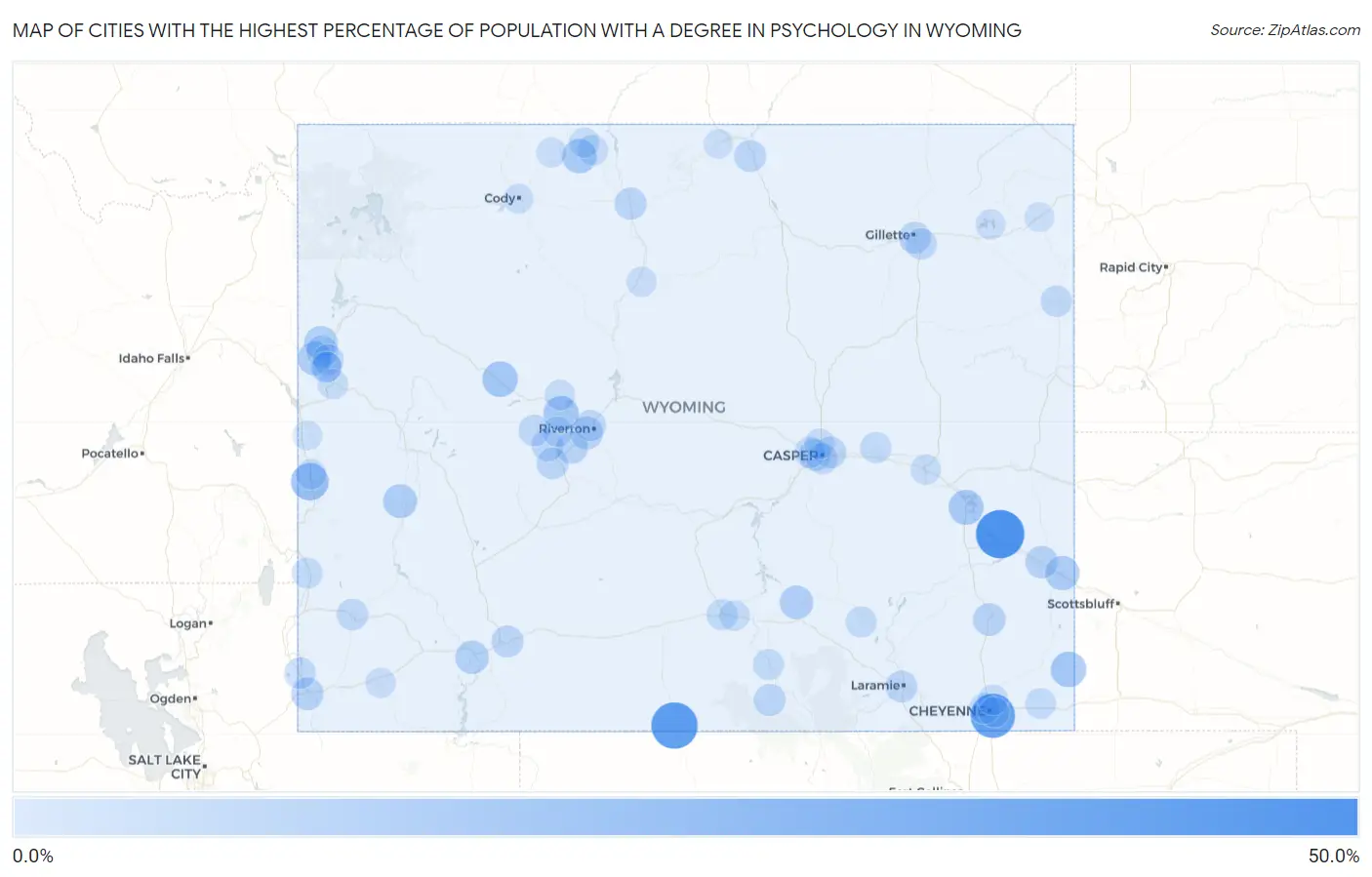 Cities with the Highest Percentage of Population with a Degree in Psychology in Wyoming Map