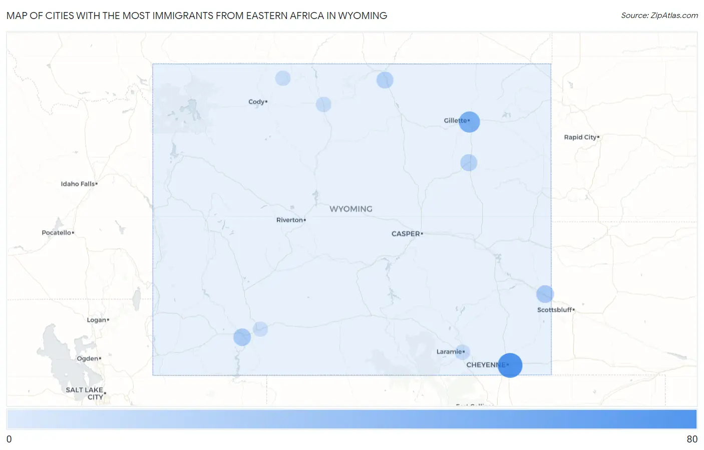 Cities with the Most Immigrants from Eastern Africa in Wyoming Map
