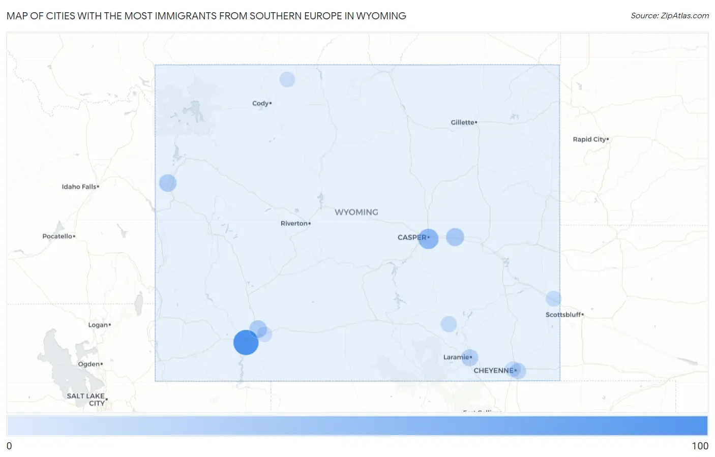 Cities with the Most Immigrants from Southern Europe in Wyoming Map