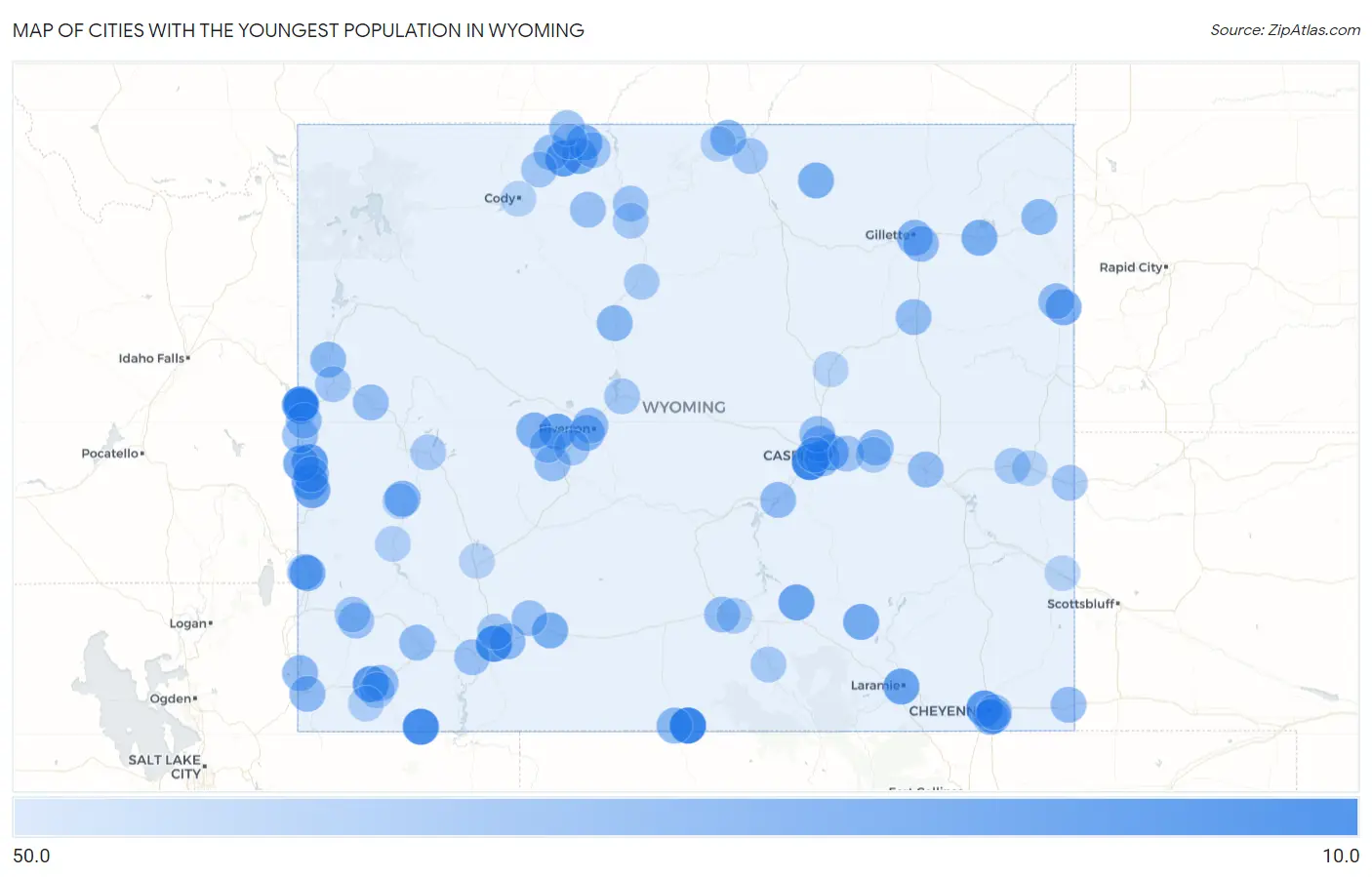 Cities with the Youngest Population in Wyoming Map