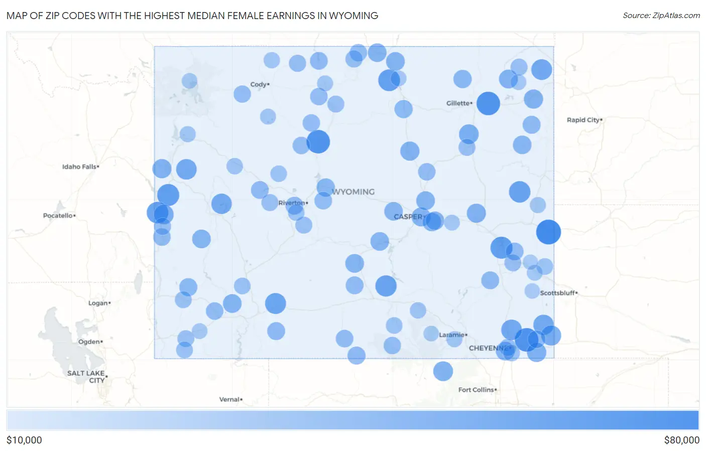 Zip Codes with the Highest Median Female Earnings in Wyoming Map