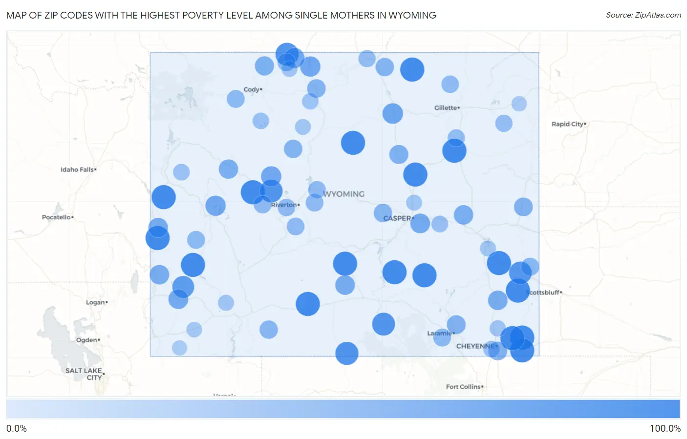 Zip Codes with the Highest Poverty Level Among Single Mothers in Wyoming Map