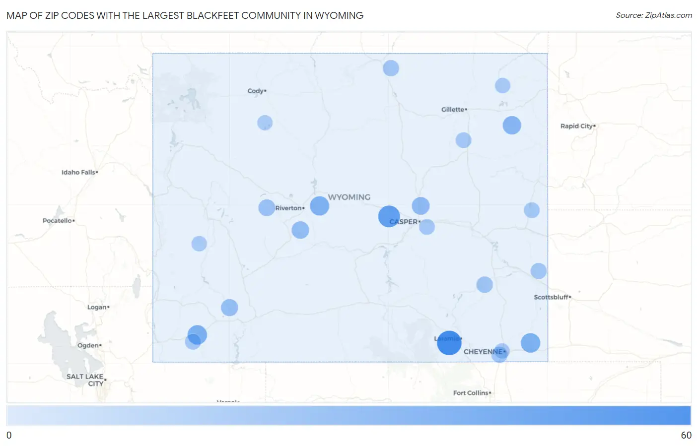 Zip Codes with the Largest Blackfeet Community in Wyoming Map