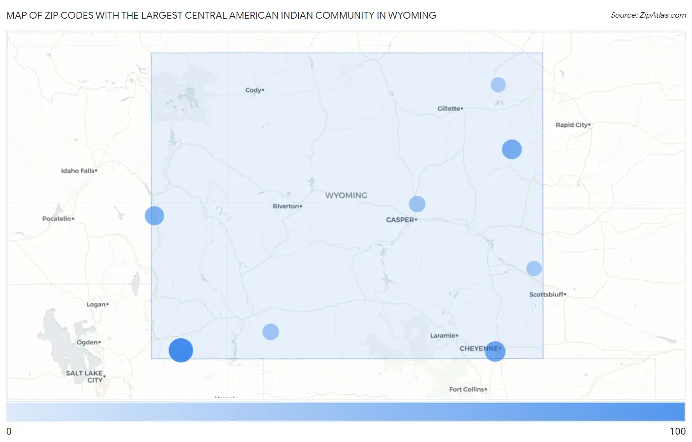 Zip Codes with the Largest Central American Indian Community in Wyoming Map