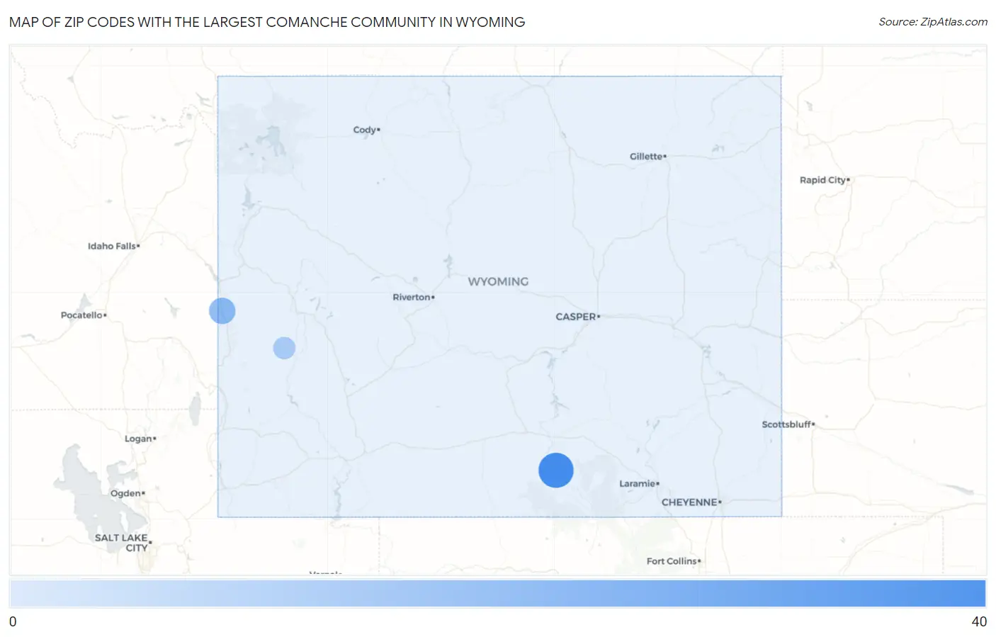 Zip Codes with the Largest Comanche Community in Wyoming Map