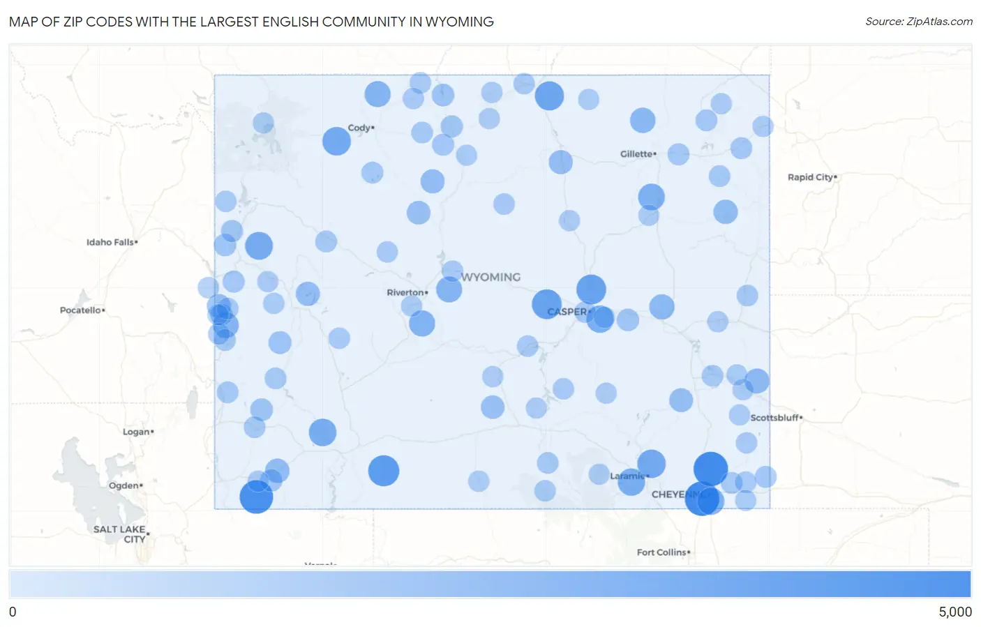 Zip Codes with the Largest English Community in Wyoming Map