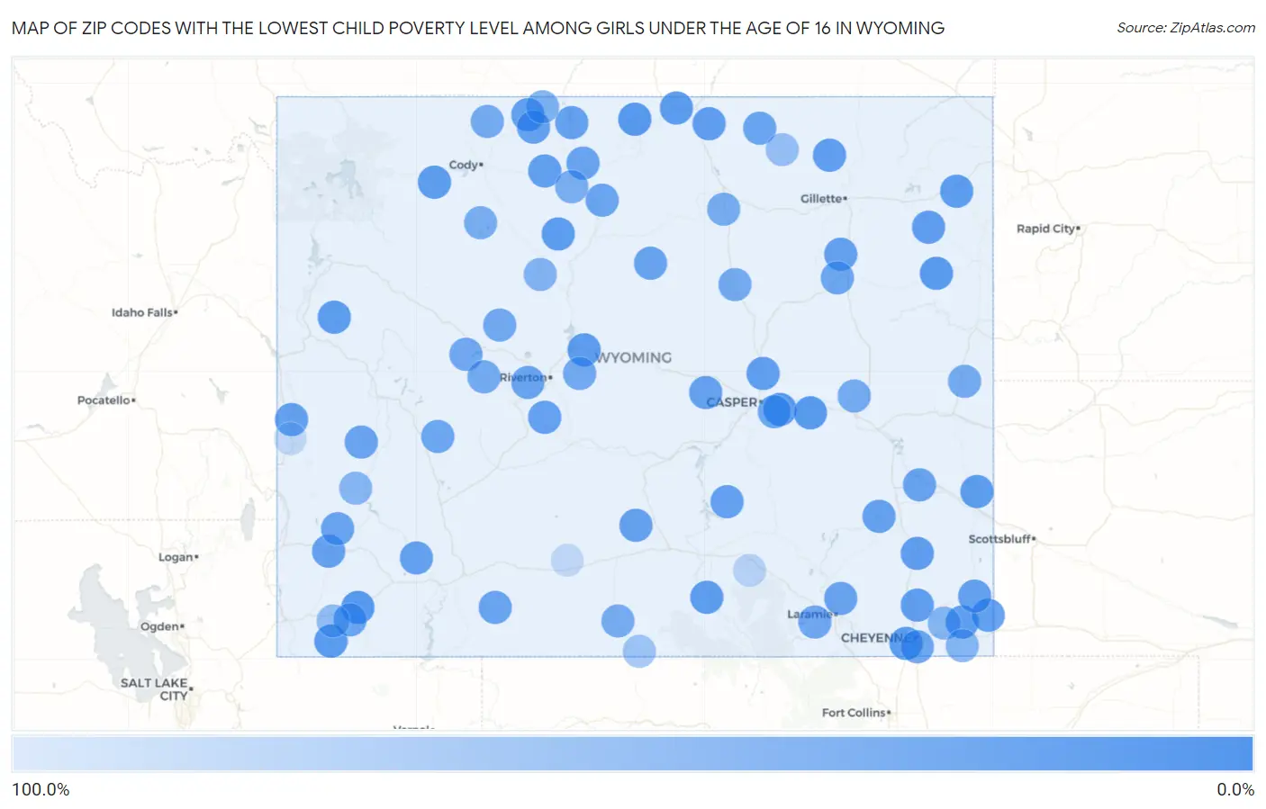 Zip Codes with the Lowest Child Poverty Level Among Girls Under the Age of 16 in Wyoming Map