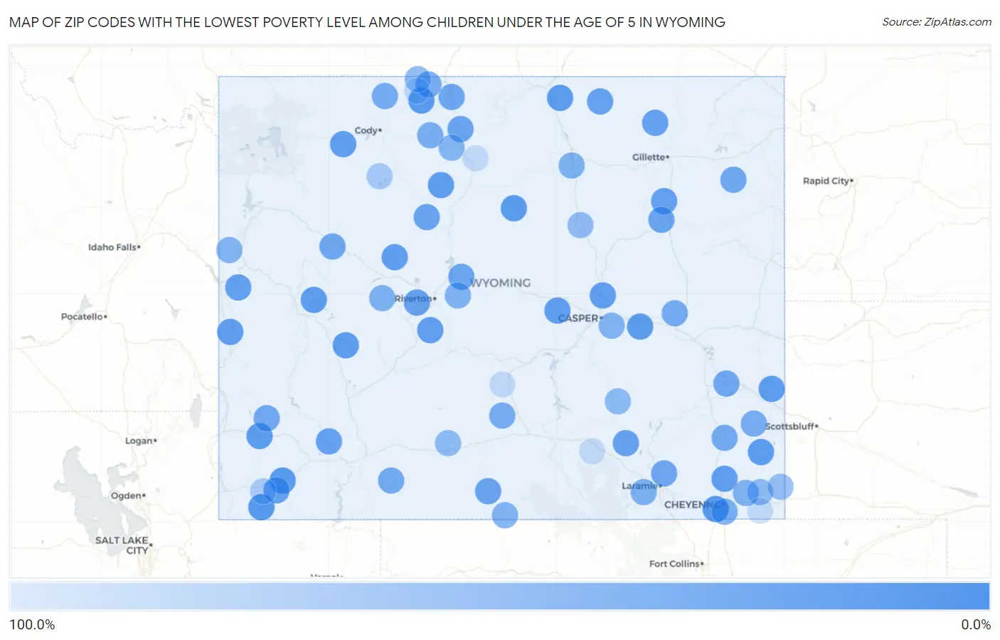 Zip Codes with the Lowest Poverty Level Among Children Under the Age of 5 in Wyoming Map