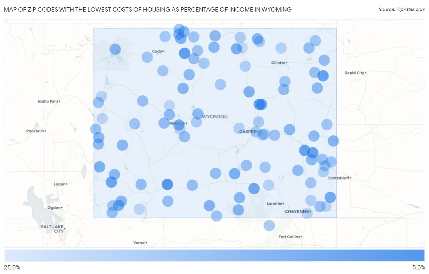 Zip Codes with the Lowest Costs of Housing as Percentage of Income in Wyoming Map