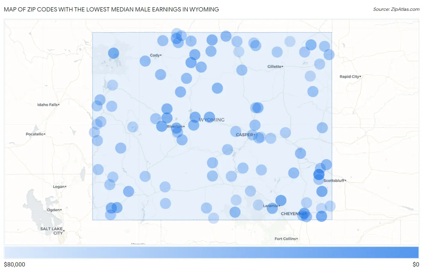 Zip Codes with the Lowest Median Male Earnings in Wyoming Map