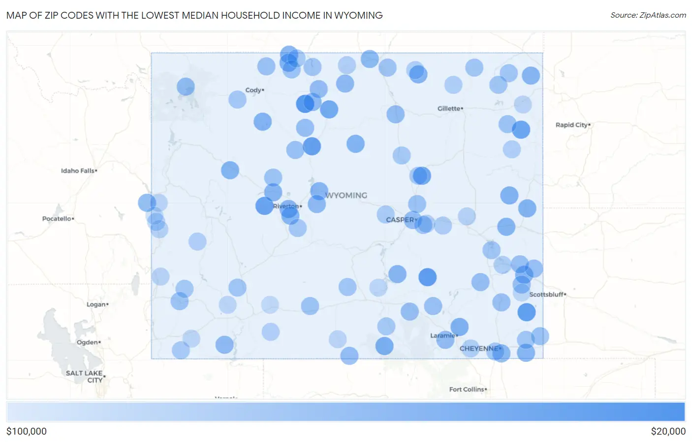 Zip Codes with the Lowest Median Household Income in Wyoming Map