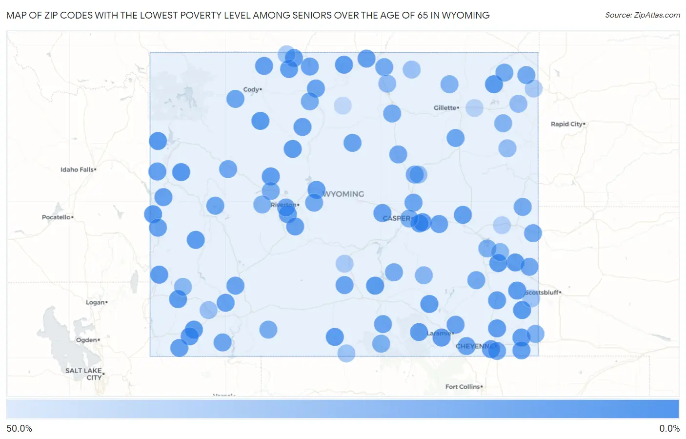 Zip Codes with the Lowest Poverty Level Among Seniors Over the Age of 65 in Wyoming Map