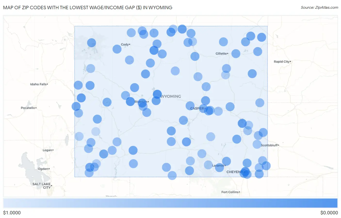 Zip Codes with the Lowest Wage/Income Gap ($) in Wyoming Map