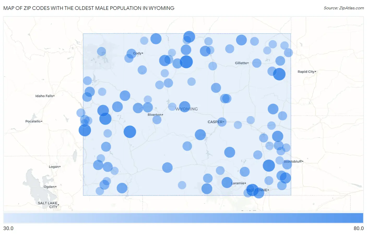 Zip Codes with the Oldest Male Population in Wyoming Map