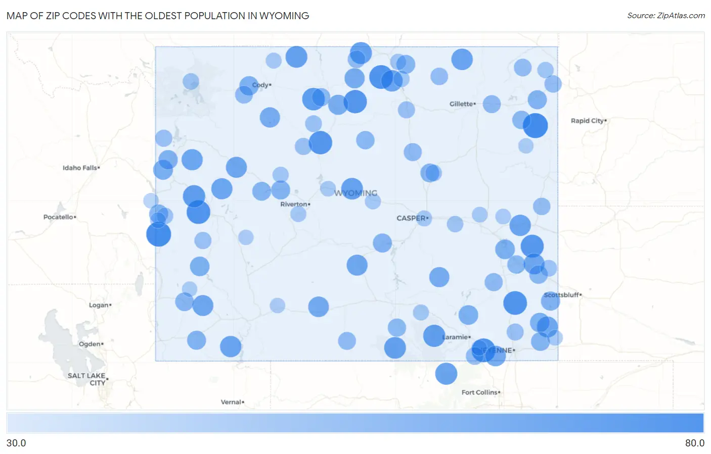 Zip Codes with the Oldest Population in Wyoming Map