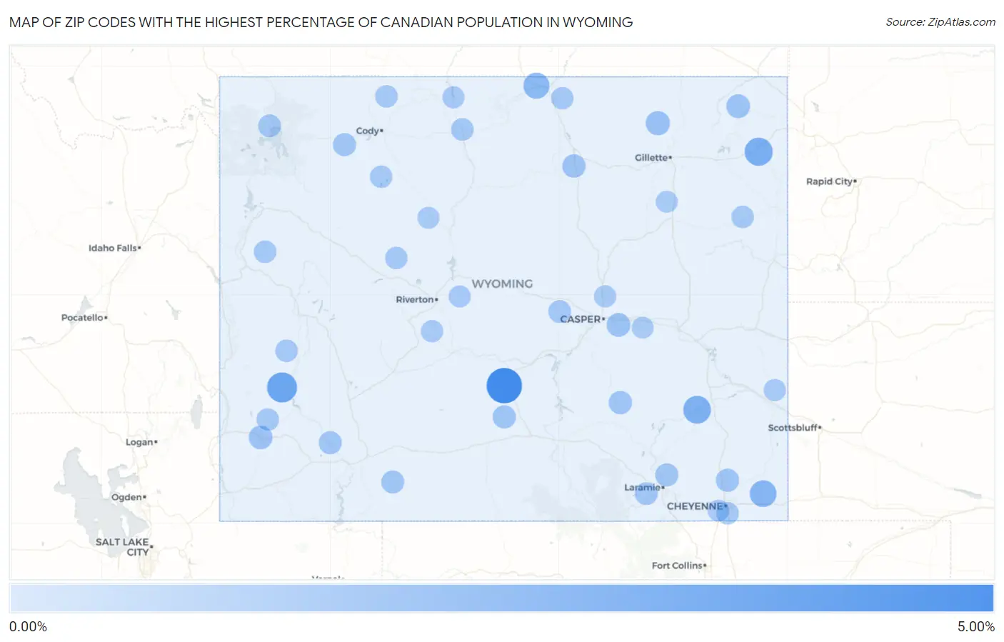 Zip Codes with the Highest Percentage of Canadian Population in Wyoming Map