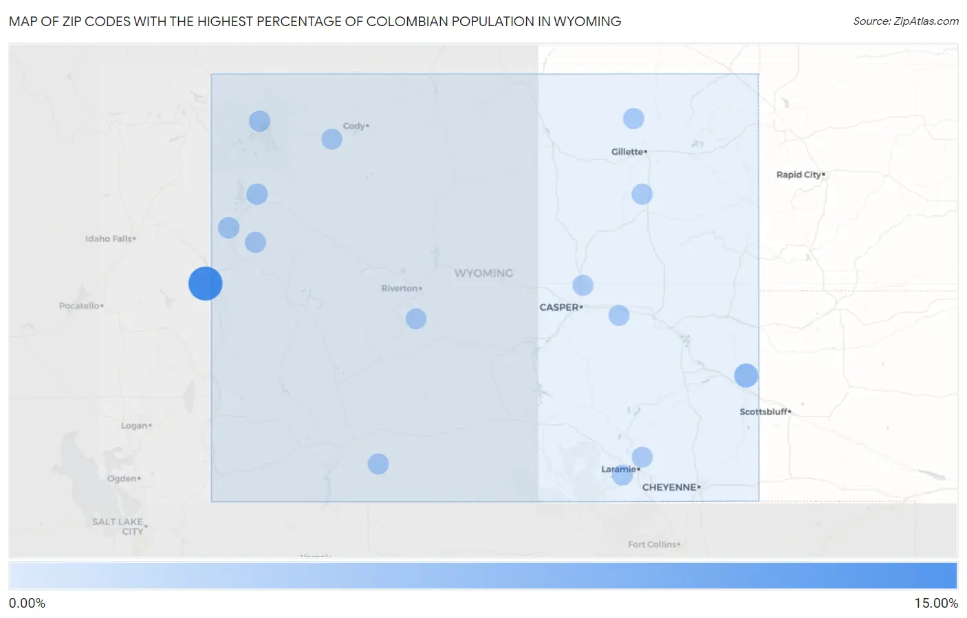 Zip Codes with the Highest Percentage of Colombian Population in Wyoming Map