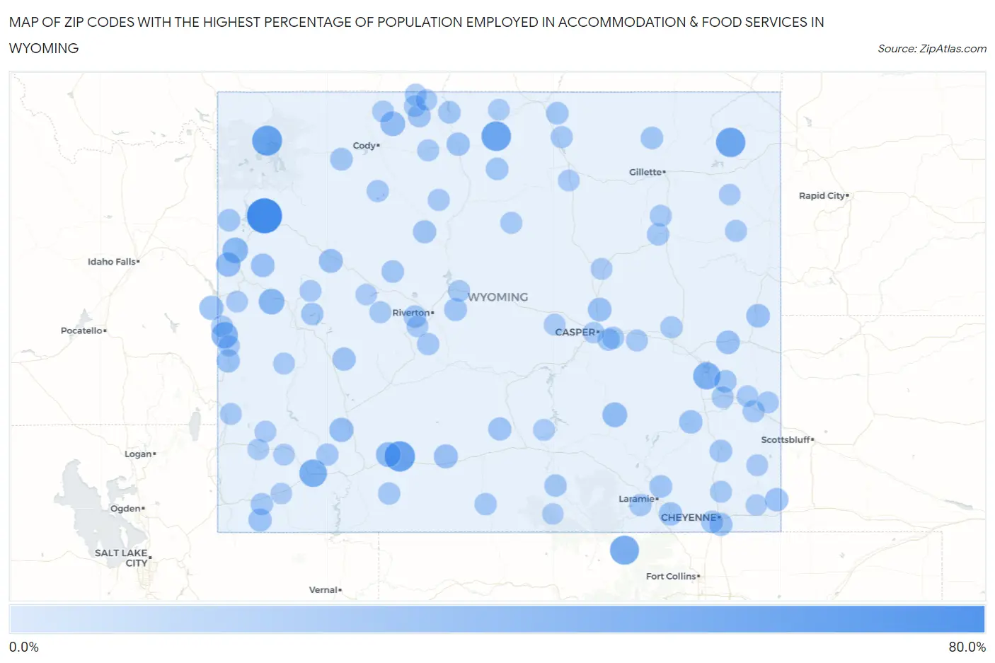 Zip Codes with the Highest Percentage of Population Employed in Accommodation & Food Services in Wyoming Map