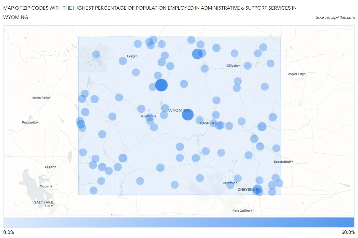 Zip Codes with the Highest Percentage of Population Employed in Administrative & Support Services in Wyoming Map