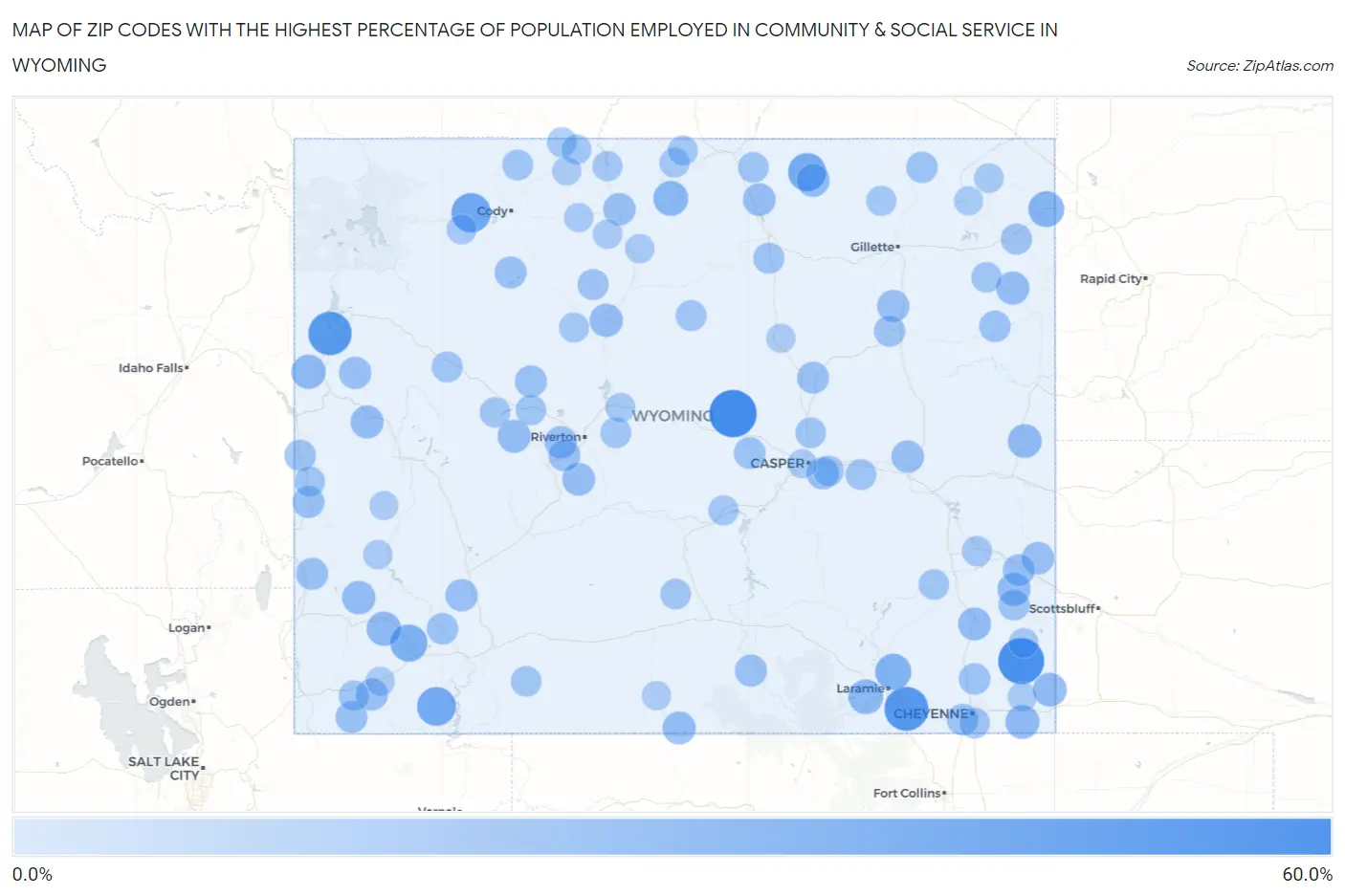 Zip Codes with the Highest Percentage of Population Employed in Community & Social Service  in Wyoming Map