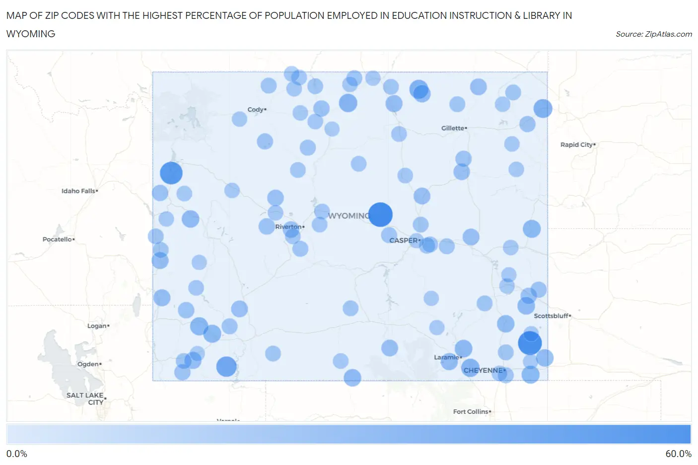 Zip Codes with the Highest Percentage of Population Employed in Education Instruction & Library in Wyoming Map