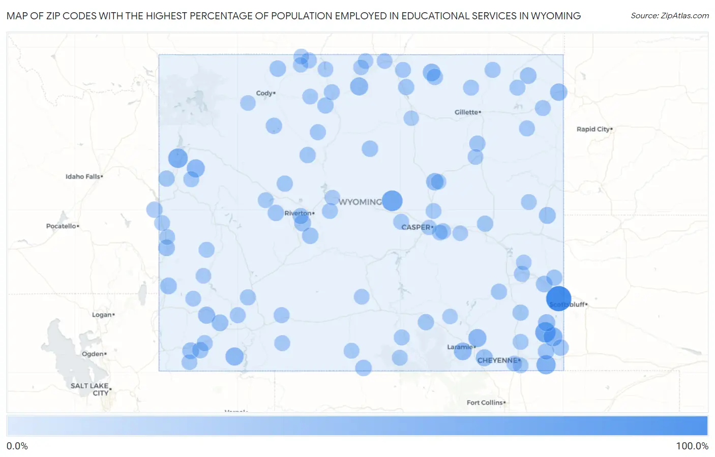 Zip Codes with the Highest Percentage of Population Employed in Educational Services in Wyoming Map
