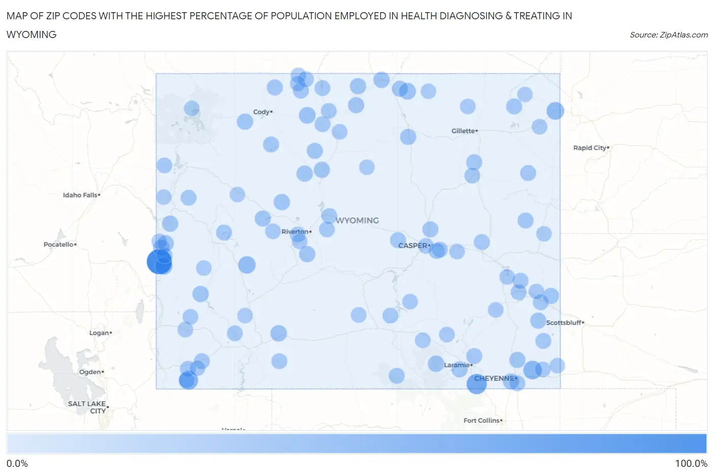 Zip Codes with the Highest Percentage of Population Employed in Health Diagnosing & Treating in Wyoming Map