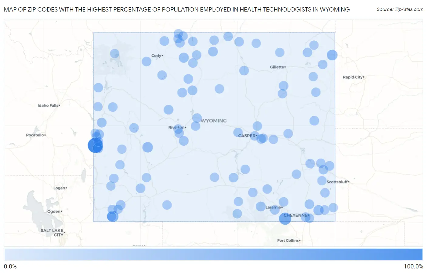 Zip Codes with the Highest Percentage of Population Employed in Health Technologists in Wyoming Map