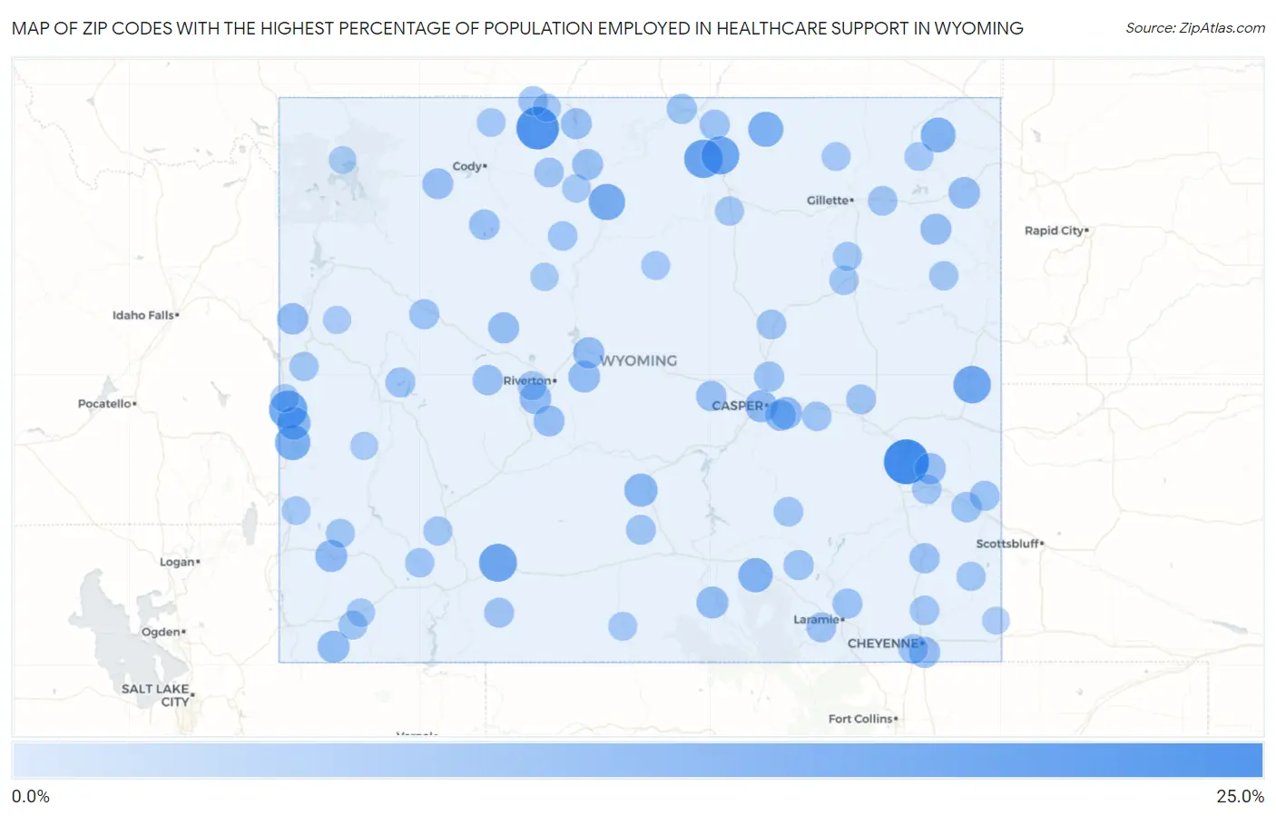 Zip Codes with the Highest Percentage of Population Employed in Healthcare Support in Wyoming Map