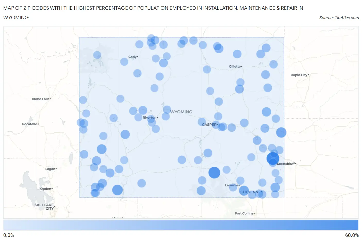Zip Codes with the Highest Percentage of Population Employed in Installation, Maintenance & Repair in Wyoming Map