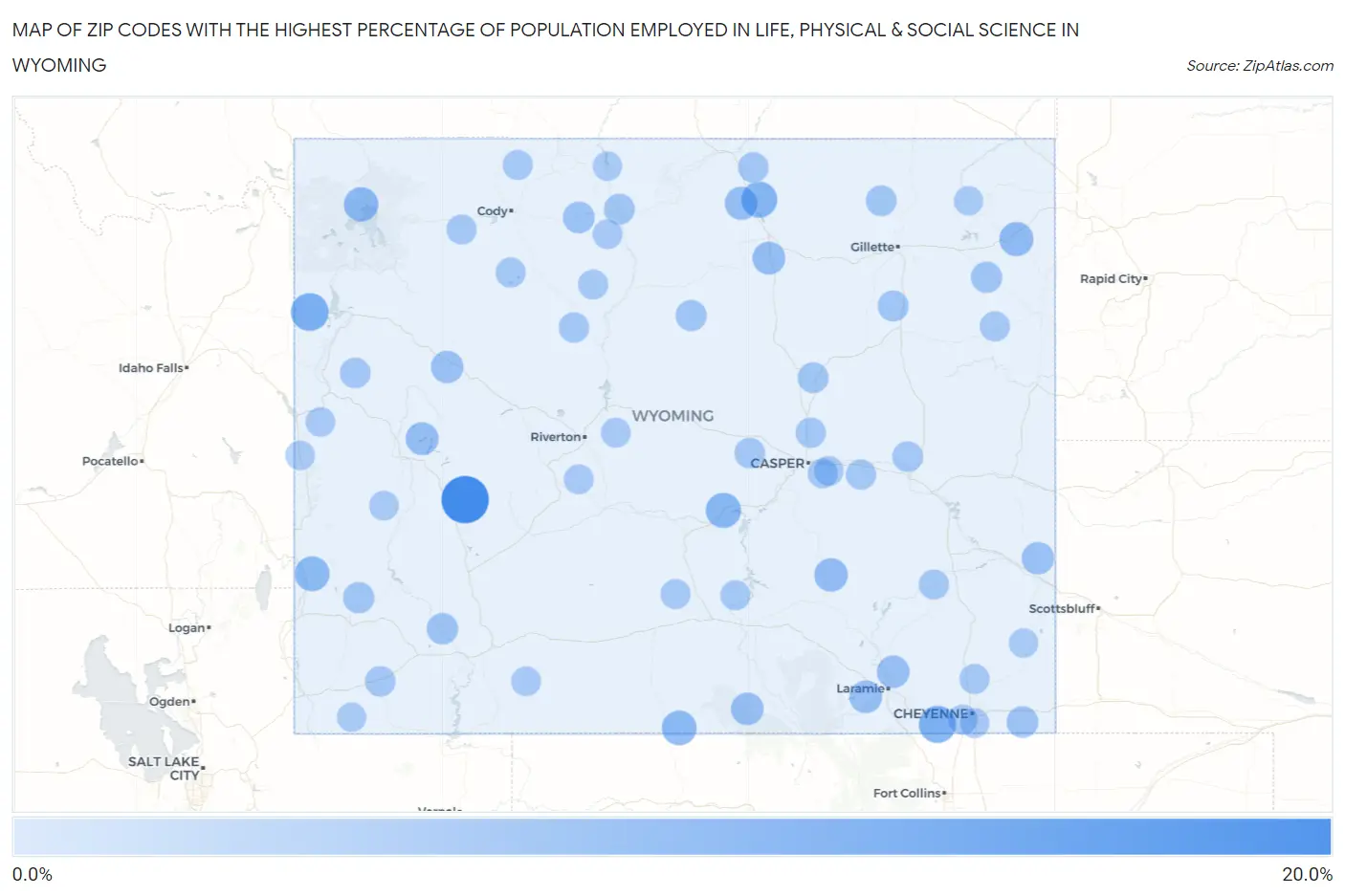 Zip Codes with the Highest Percentage of Population Employed in Life, Physical & Social Science in Wyoming Map
