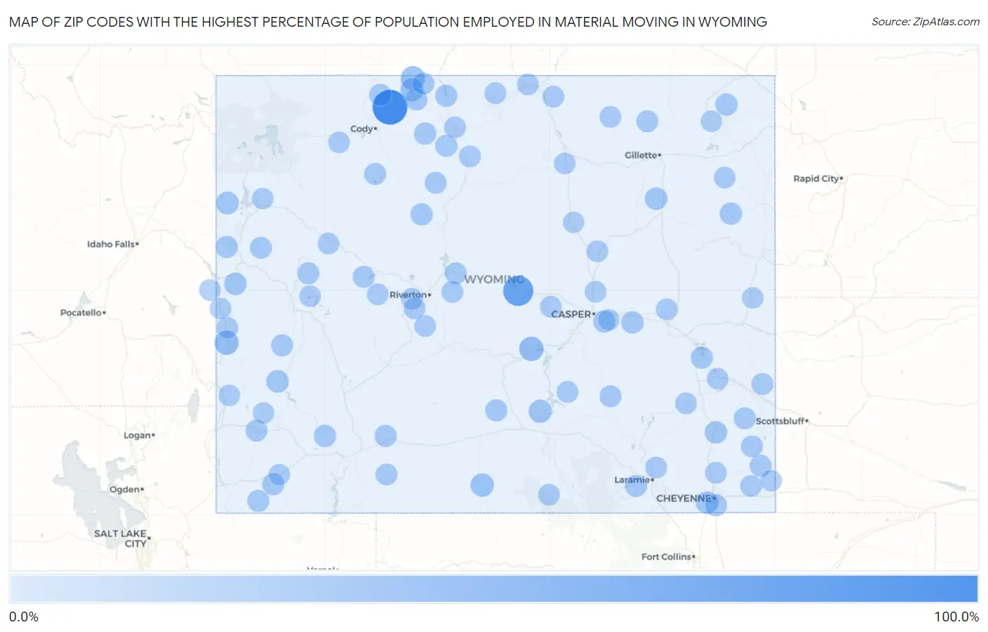 Zip Codes with the Highest Percentage of Population Employed in Material Moving in Wyoming Map