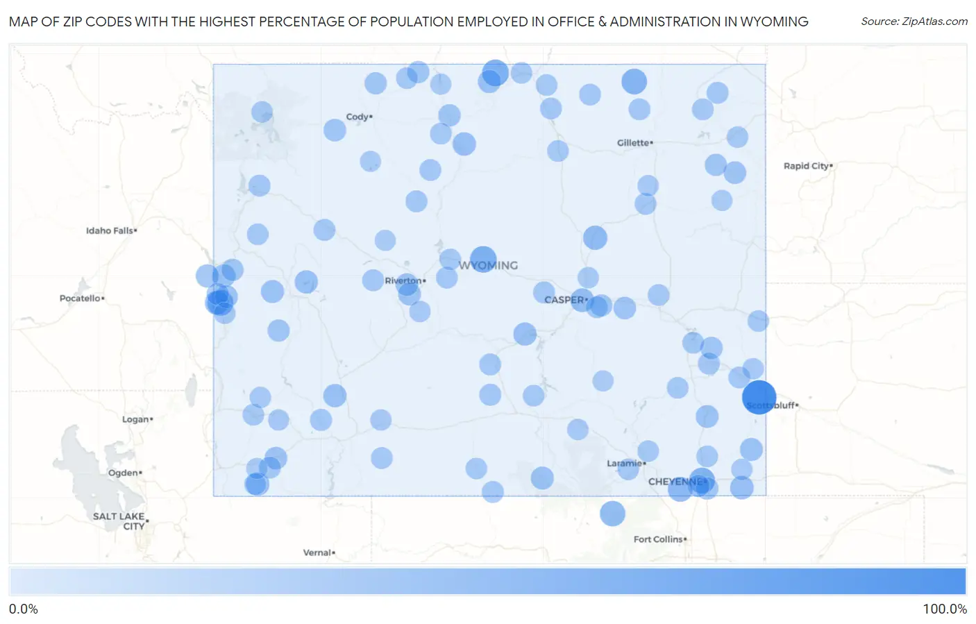 Zip Codes with the Highest Percentage of Population Employed in Office & Administration in Wyoming Map