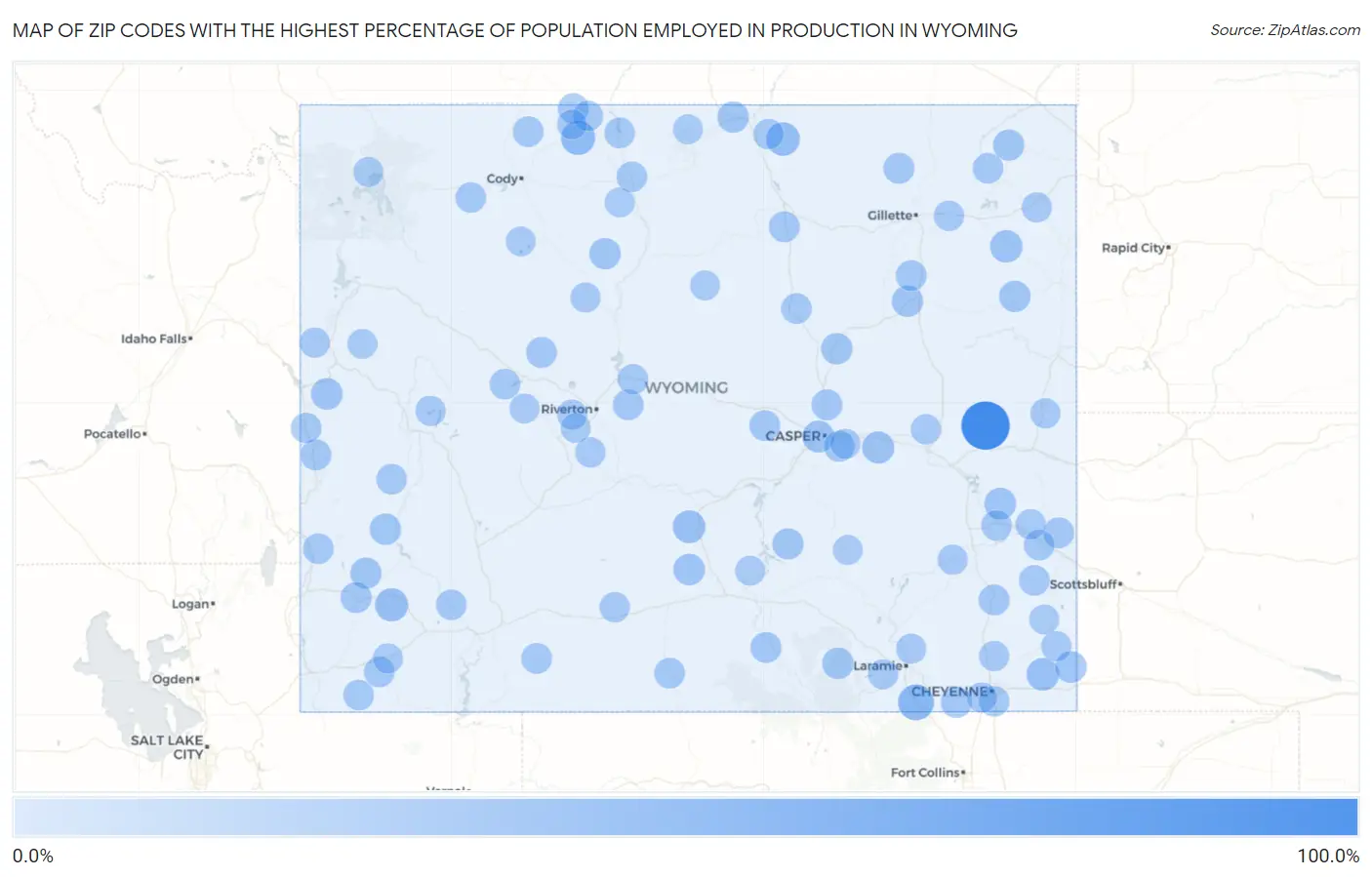 Zip Codes with the Highest Percentage of Population Employed in Production in Wyoming Map