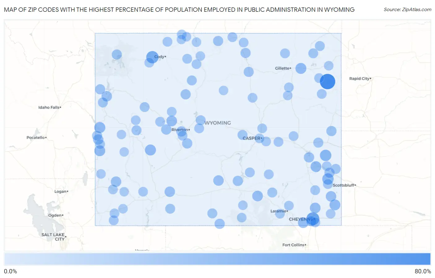 Zip Codes with the Highest Percentage of Population Employed in Public Administration in Wyoming Map