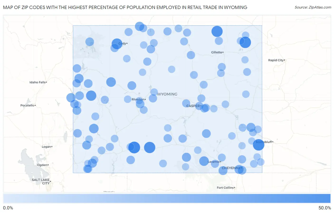 Zip Codes with the Highest Percentage of Population Employed in Retail Trade in Wyoming Map
