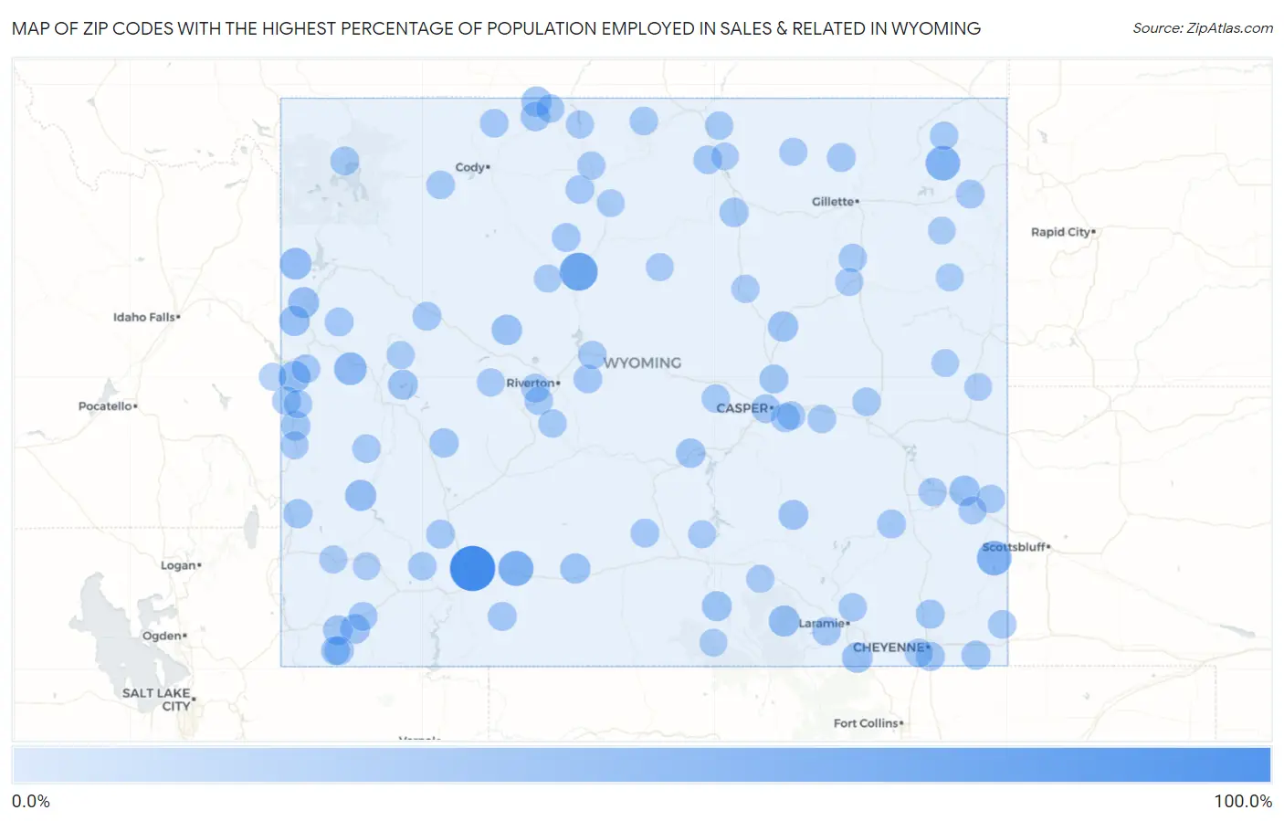 Zip Codes with the Highest Percentage of Population Employed in Sales & Related in Wyoming Map