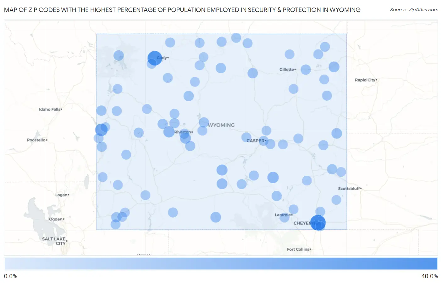 Zip Codes with the Highest Percentage of Population Employed in Security & Protection in Wyoming Map