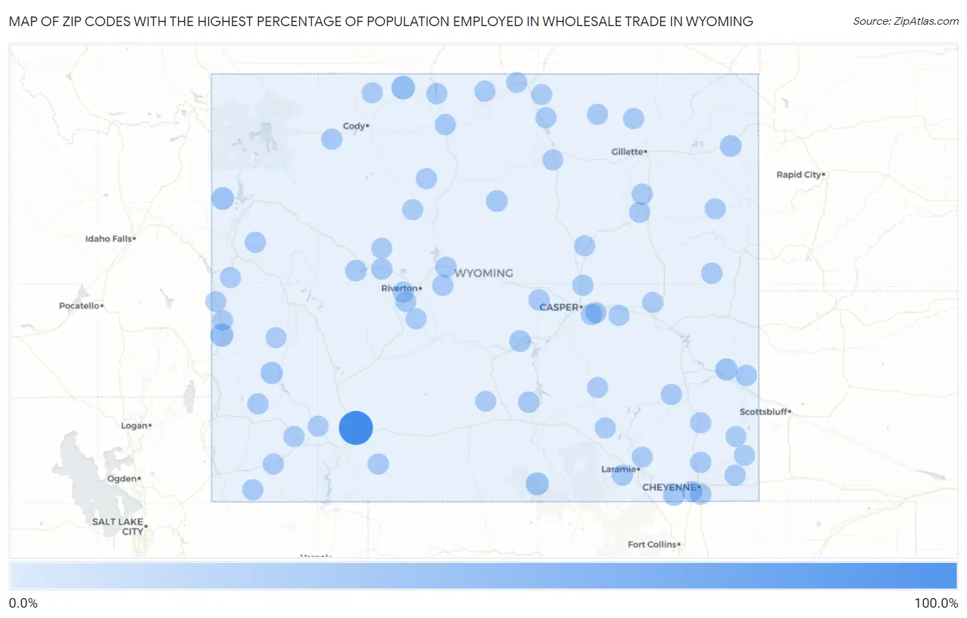 Zip Codes with the Highest Percentage of Population Employed in Wholesale Trade in Wyoming Map