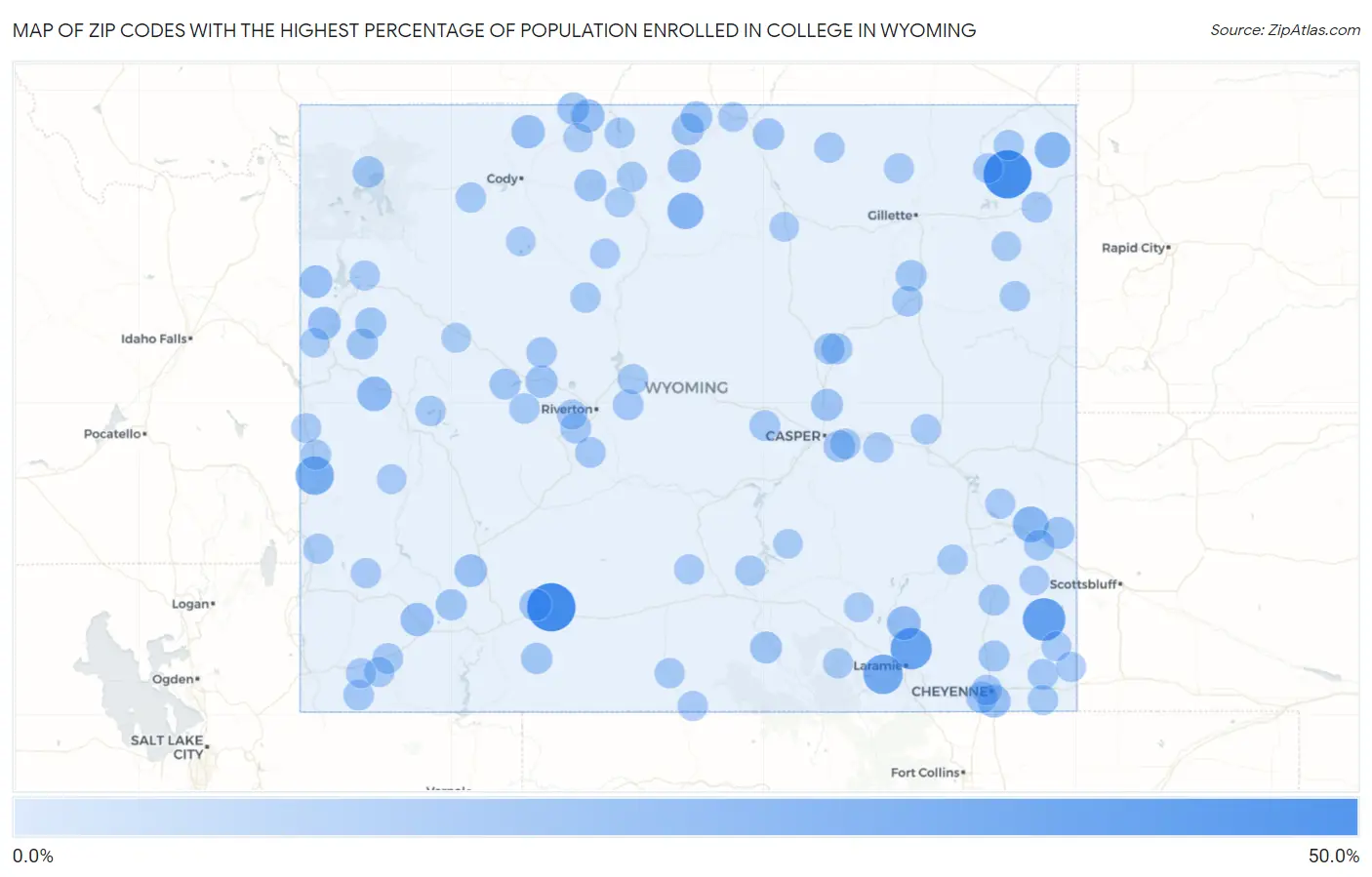Zip Codes with the Highest Percentage of Population Enrolled in College in Wyoming Map