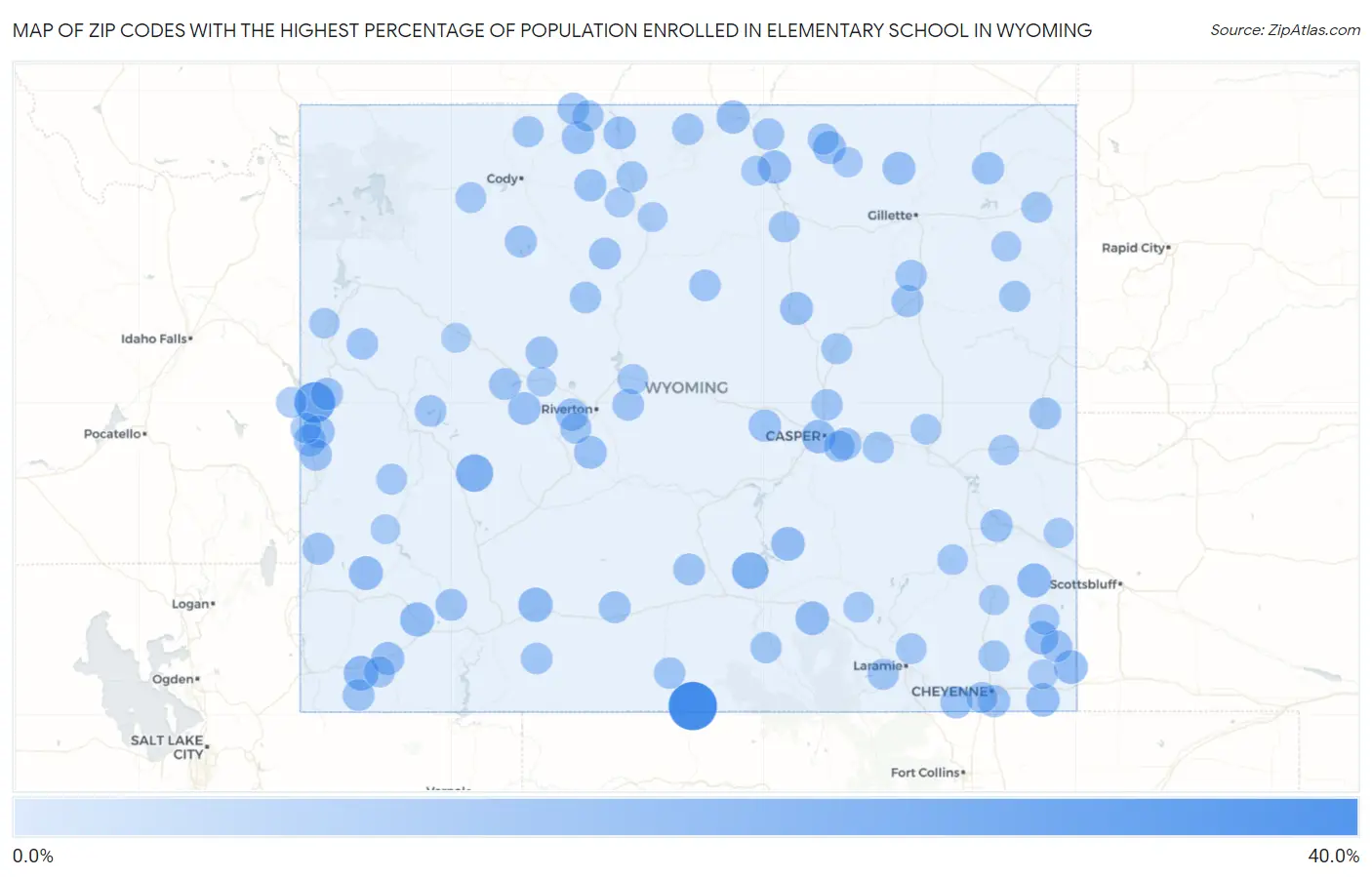Zip Codes with the Highest Percentage of Population Enrolled in Elementary School in Wyoming Map