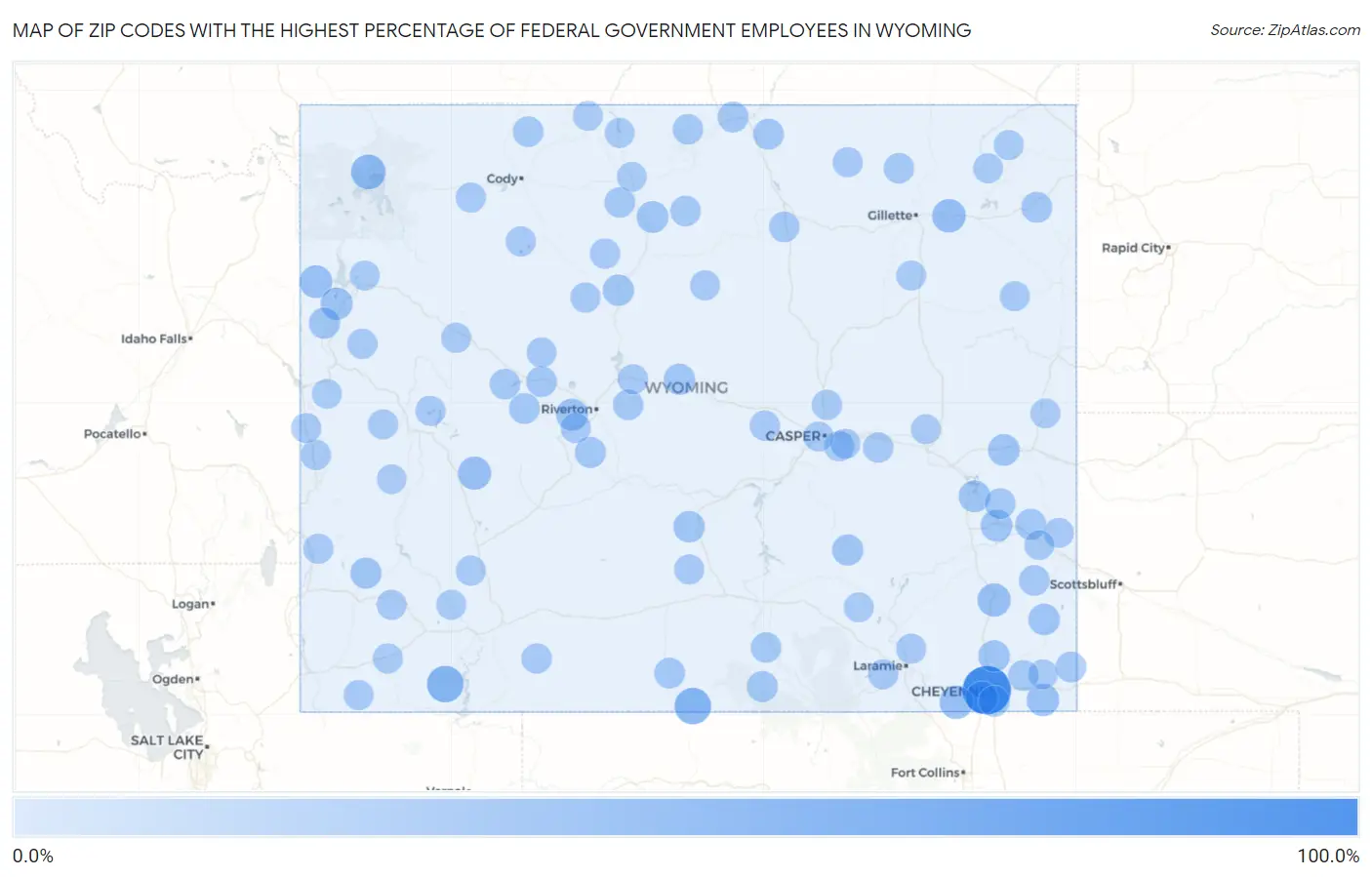Zip Codes with the Highest Percentage of Federal Government Employees in Wyoming Map