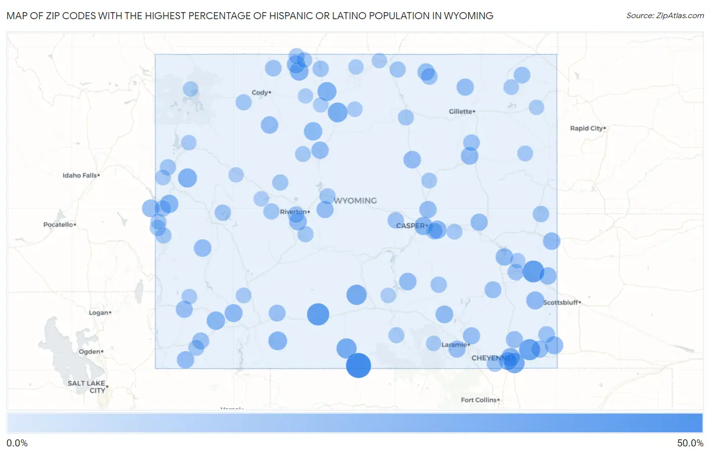 Zip Codes with the Highest Percentage of Hispanic or Latino Population in Wyoming Map